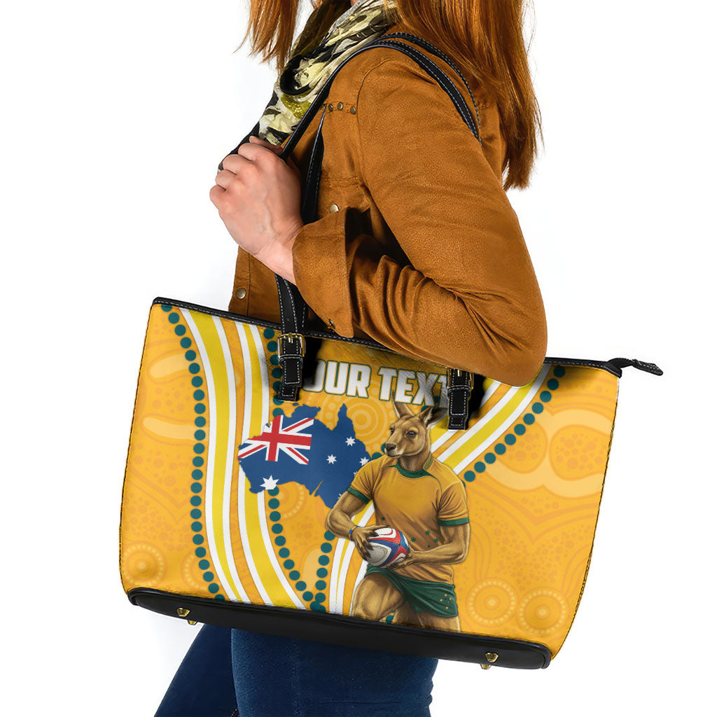 Personalised Australian Rugby Wallabies Leather Tote Bag Aboriginal Art Kangaroo Player Design