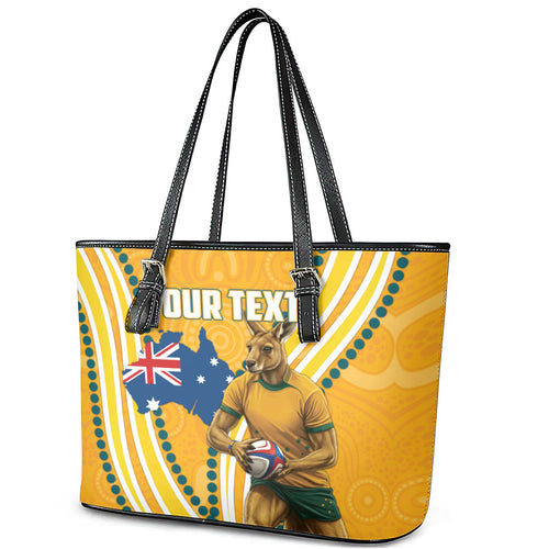 Personalised Australian Rugby Wallabies Leather Tote Bag Aboriginal Art Kangaroo Player Design