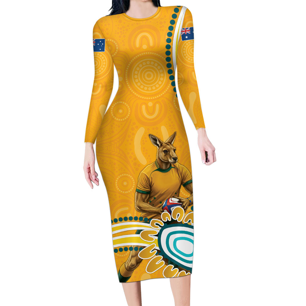 Personalised Australian Rugby Wallabies Long Sleeve Bodycon Dress Aboriginal Art Kangaroo Player Design