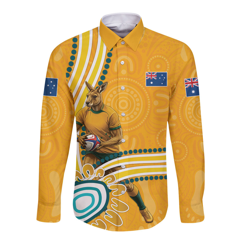 Personalised Australian Rugby Wallabies Long Sleeve Button Shirt Aboriginal Art Kangaroo Player Design