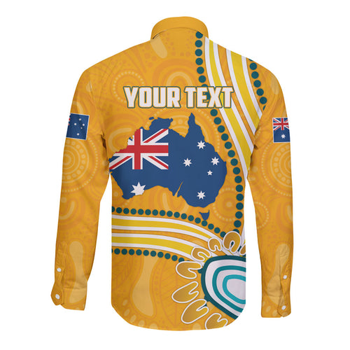 Personalised Australian Rugby Wallabies Long Sleeve Button Shirt Aboriginal Art Kangaroo Player Design