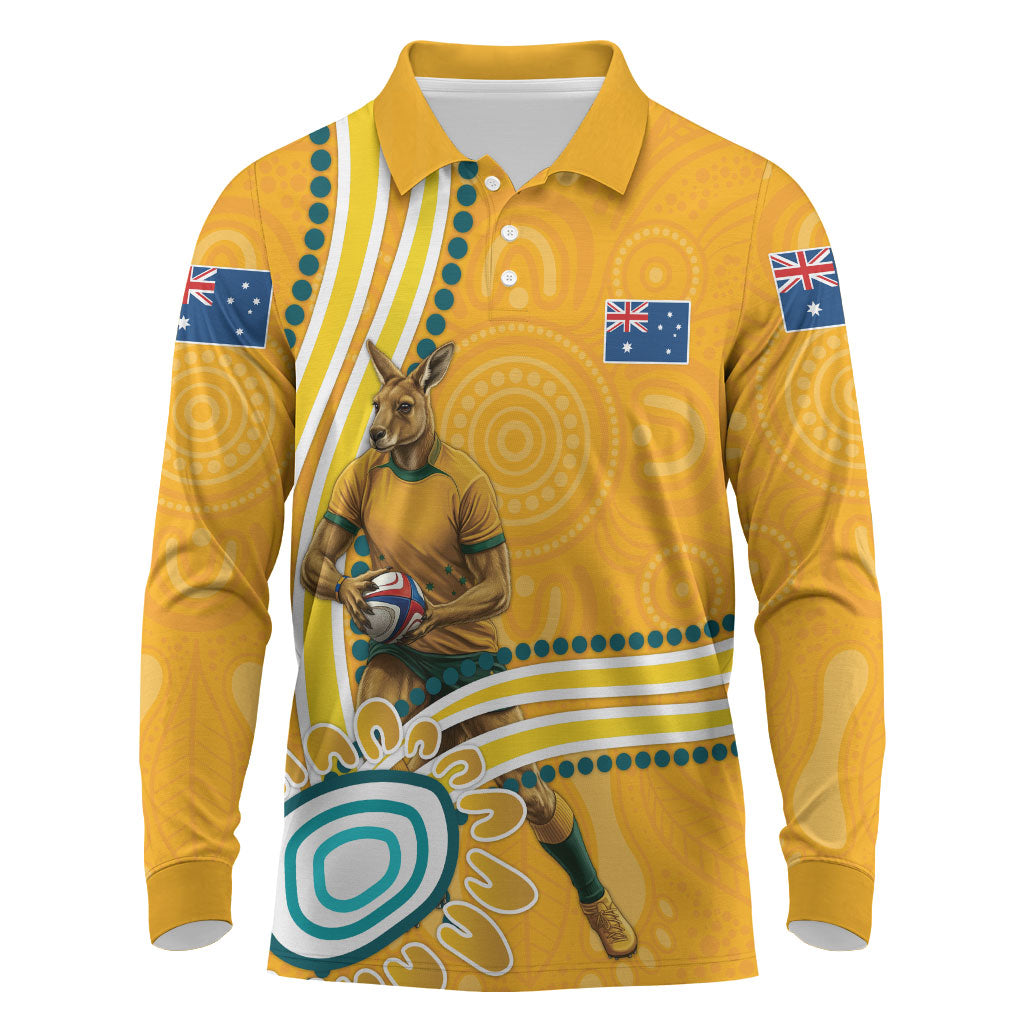 Personalised Australian Rugby Wallabies Long Sleeve Polo Shirt Aboriginal Art Kangaroo Player Design