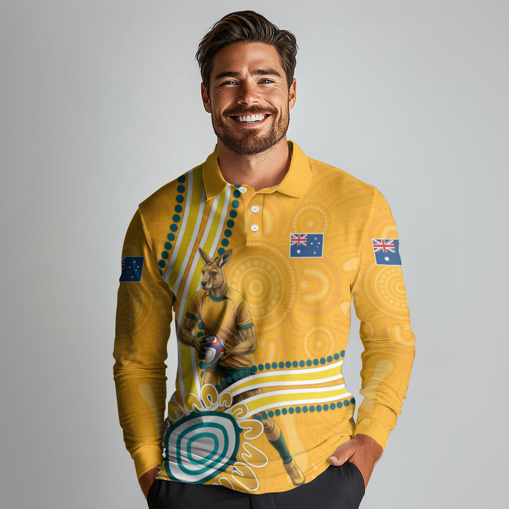 Personalised Australian Rugby Wallabies Long Sleeve Polo Shirt Aboriginal Art Kangaroo Player Design