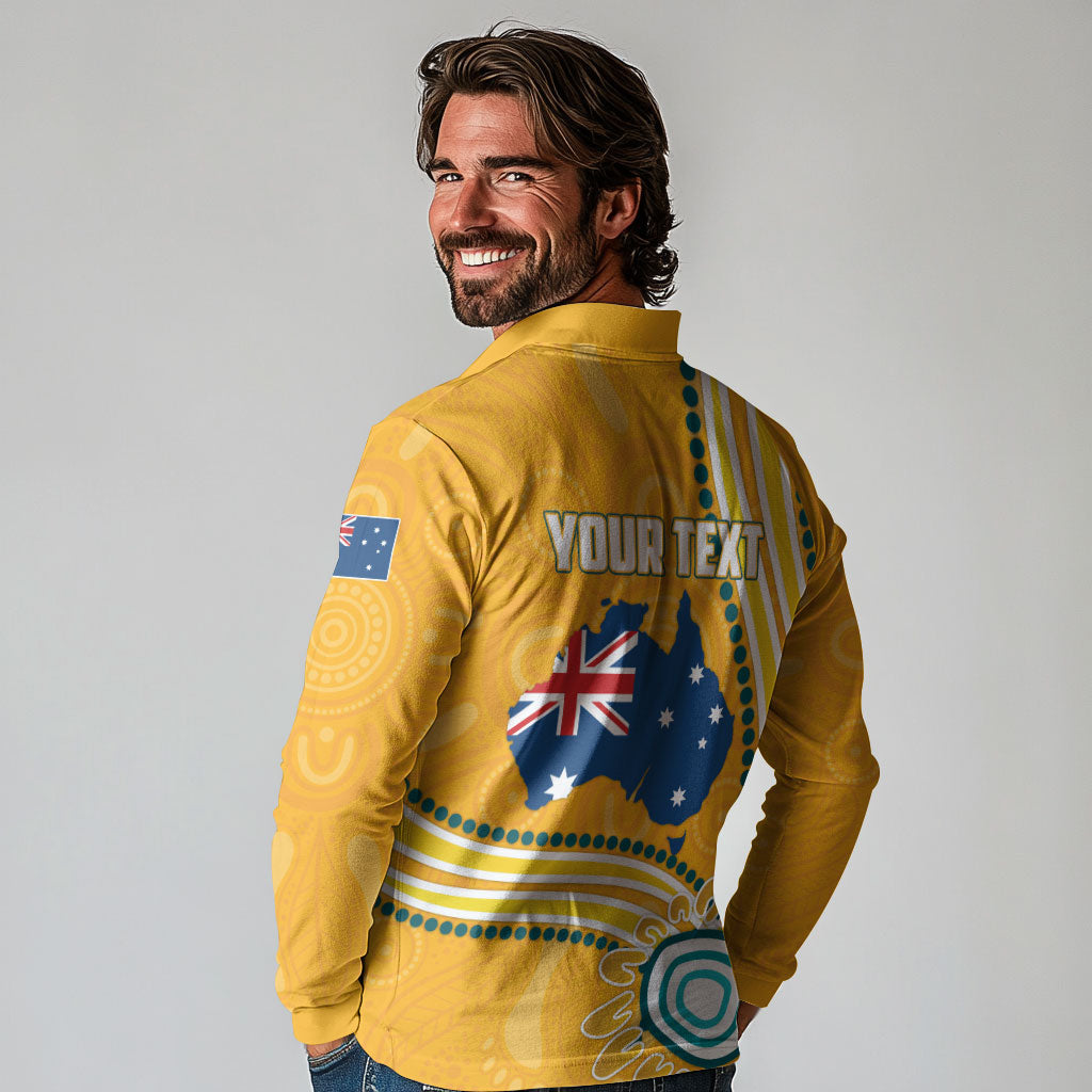 Personalised Australian Rugby Wallabies Long Sleeve Polo Shirt Aboriginal Art Kangaroo Player Design