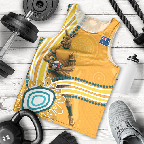 Personalised Australian Rugby Wallabies Men Tank Top Aboriginal Art Kangaroo Player Design