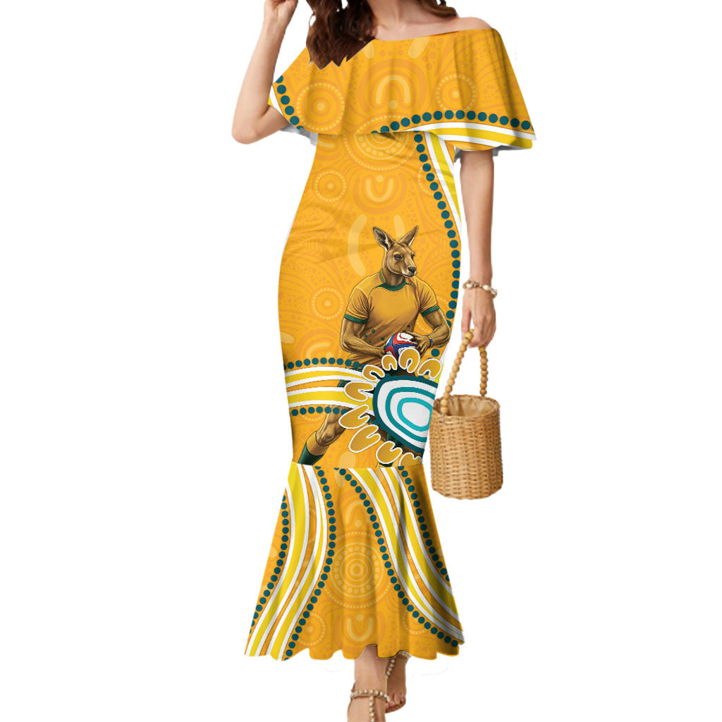 Personalised Australian Rugby Wallabies Mermaid Dress Aboriginal Art Kangaroo Player Design