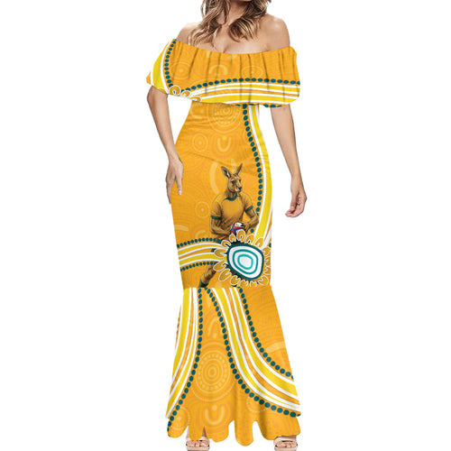 Personalised Australian Rugby Wallabies Mermaid Dress Aboriginal Art Kangaroo Player Design