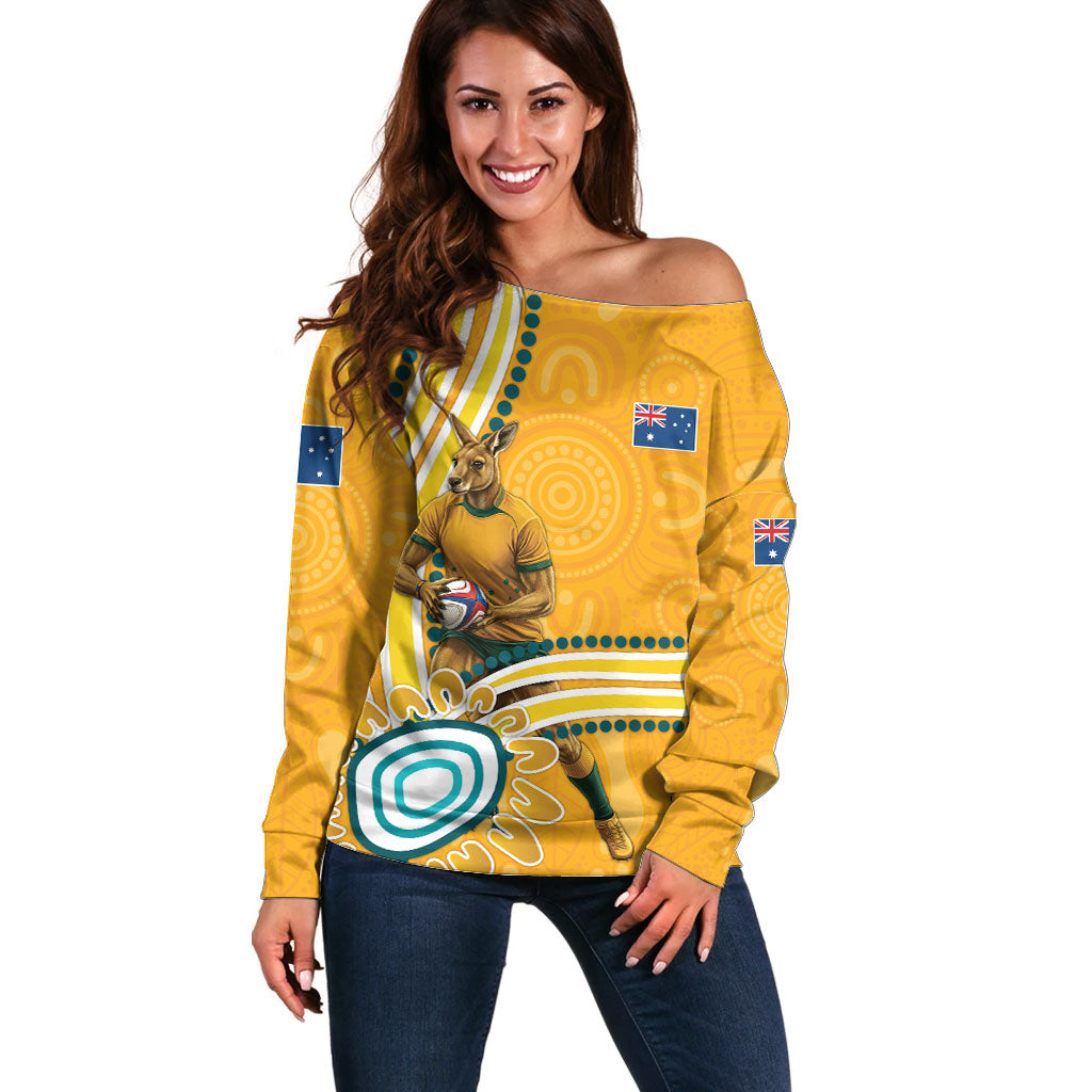 Personalised Australian Rugby Wallabies Off Shoulder Sweater Aboriginal Art Kangaroo Player Design