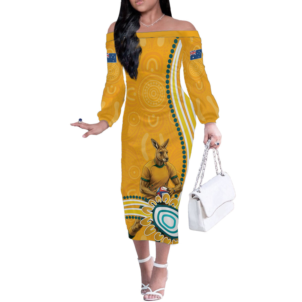 Personalised Australian Rugby Wallabies Off The Shoulder Long Sleeve Dress Aboriginal Art Kangaroo Player Design