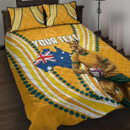 Personalised Australian Rugby Wallabies Quilt Bed Set Aboriginal Art Kangaroo Player Design