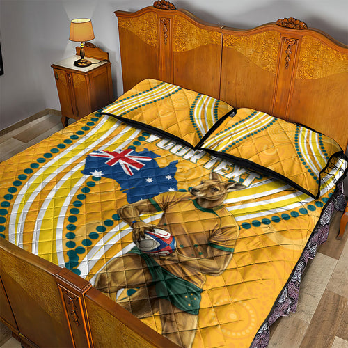 Personalised Australian Rugby Wallabies Quilt Bed Set Aboriginal Art Kangaroo Player Design