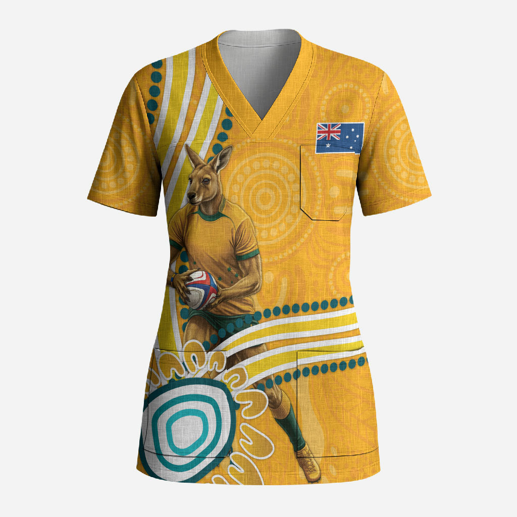 Personalised Australian Rugby Wallabies Scrub Top Aboriginal Art Kangaroo Player Design