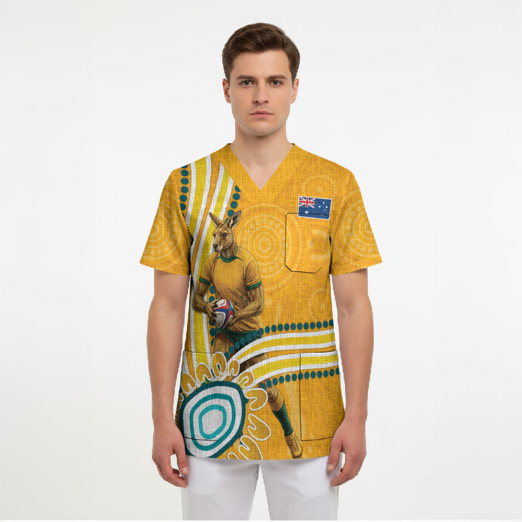 Personalised Australian Rugby Wallabies Scrub Top Aboriginal Art Kangaroo Player Design