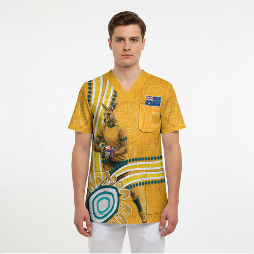 Personalised Australian Rugby Wallabies Scrub Top Aboriginal Art Kangaroo Player Design