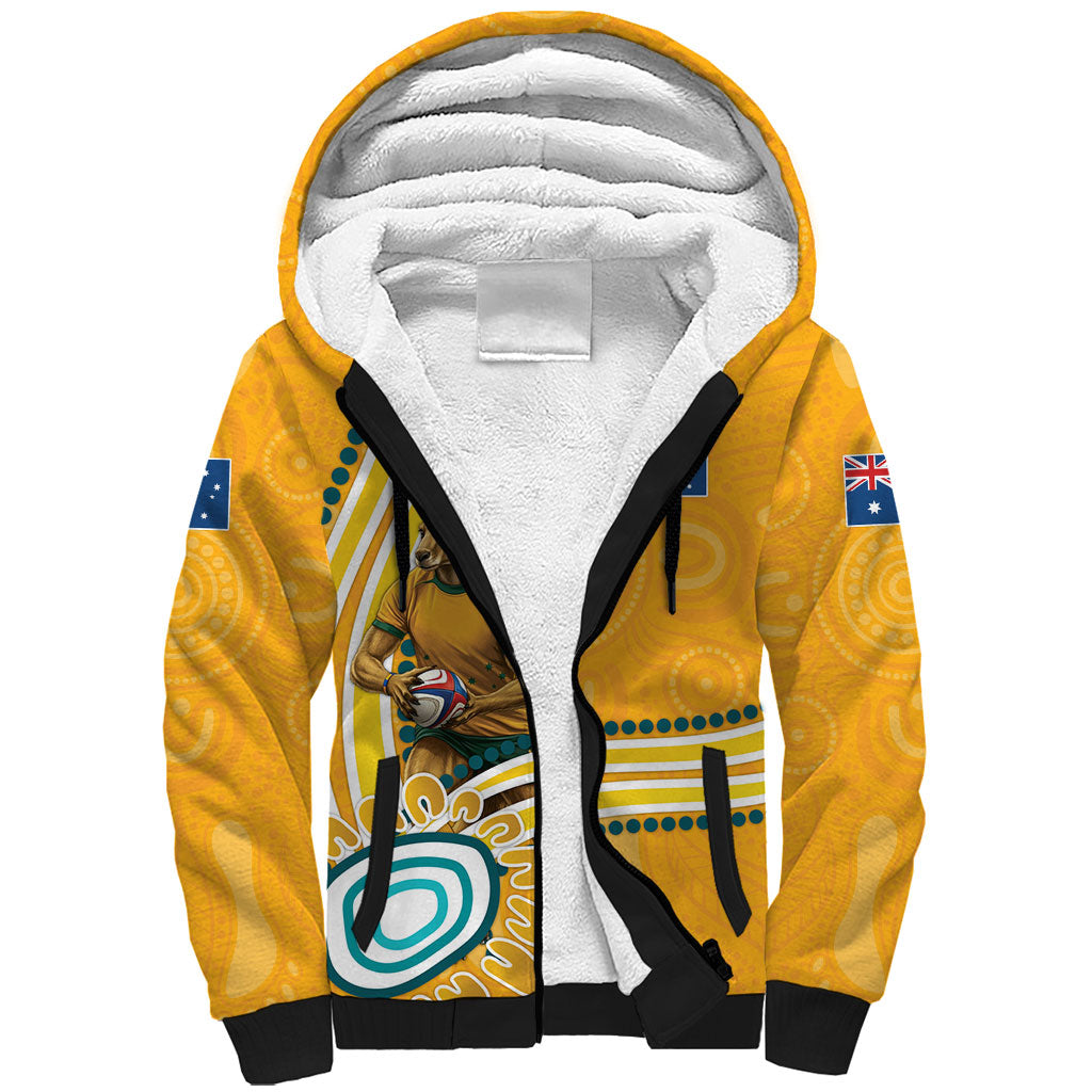 Personalised Australian Rugby Wallabies Sherpa Hoodie Aboriginal Art Kangaroo Player Design