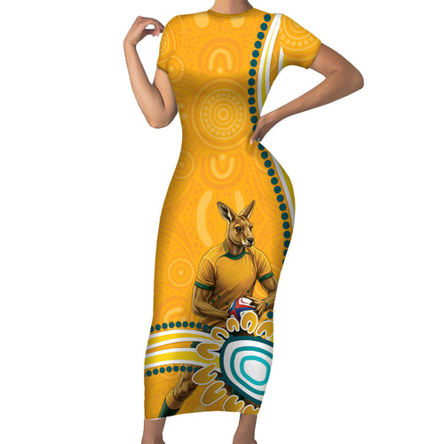 Personalised Australian Rugby Wallabies Short Sleeve Bodycon Dress Aboriginal Art Kangaroo Player Design