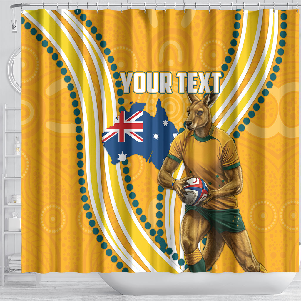 Personalised Australian Rugby Wallabies Shower Curtain Aboriginal Art Kangaroo Player Design