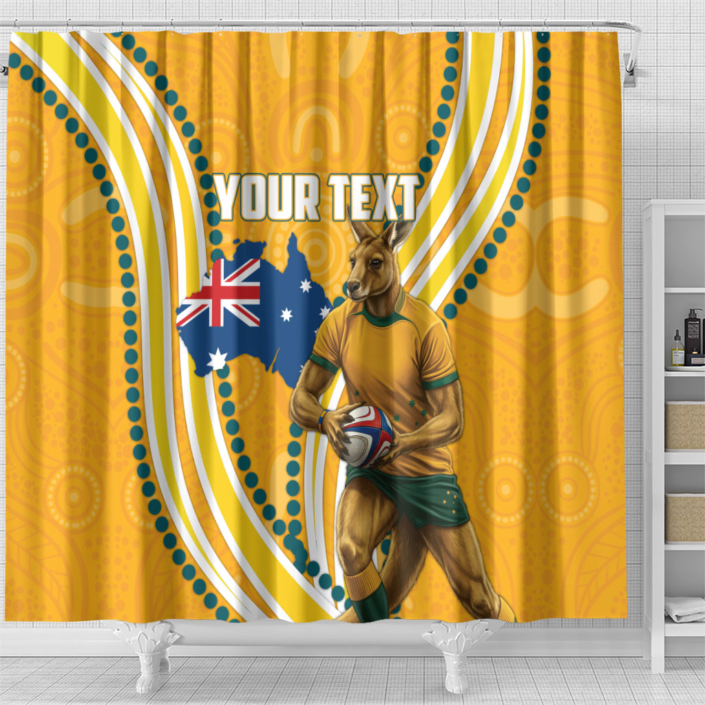 Personalised Australian Rugby Wallabies Shower Curtain Aboriginal Art Kangaroo Player Design