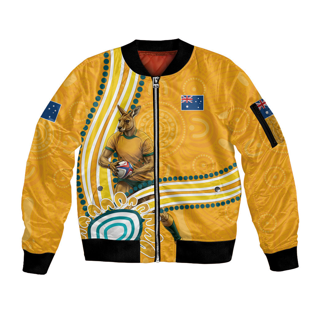 Personalised Australian Rugby Wallabies Sleeve Zip Bomber Jacket Aboriginal Art Kangaroo Player Design