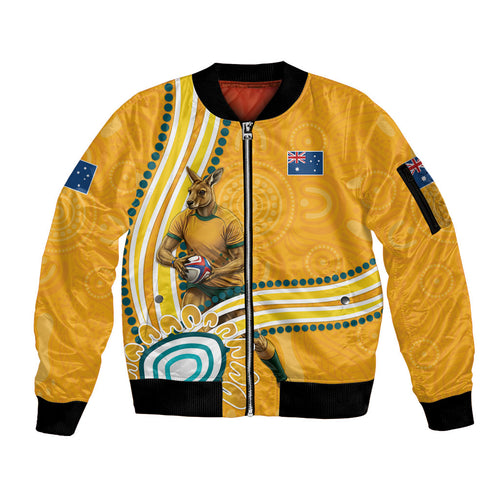 Personalised Australian Rugby Wallabies Sleeve Zip Bomber Jacket Aboriginal Art Kangaroo Player Design