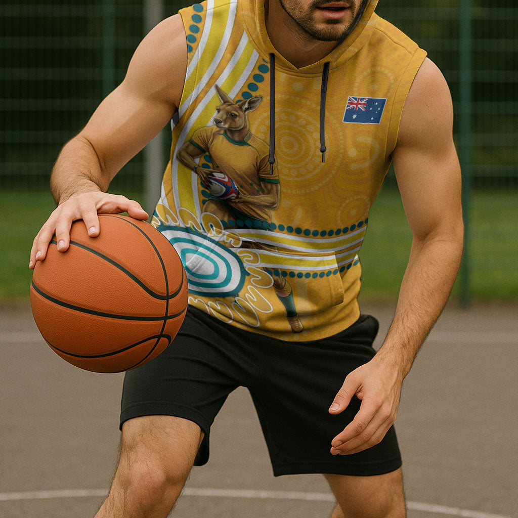 Personalised Australian Rugby Wallabies Sleeveless Hoodie Aboriginal Art Kangaroo Player Design