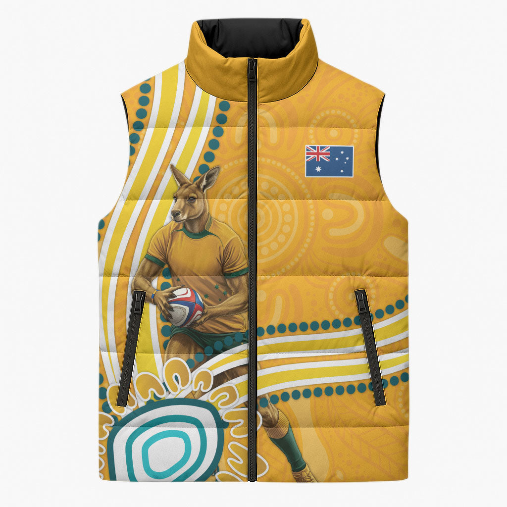 Personalised Australian Rugby Wallabies Sleeveless Puffer Jacket Aboriginal Art Kangaroo Player Design