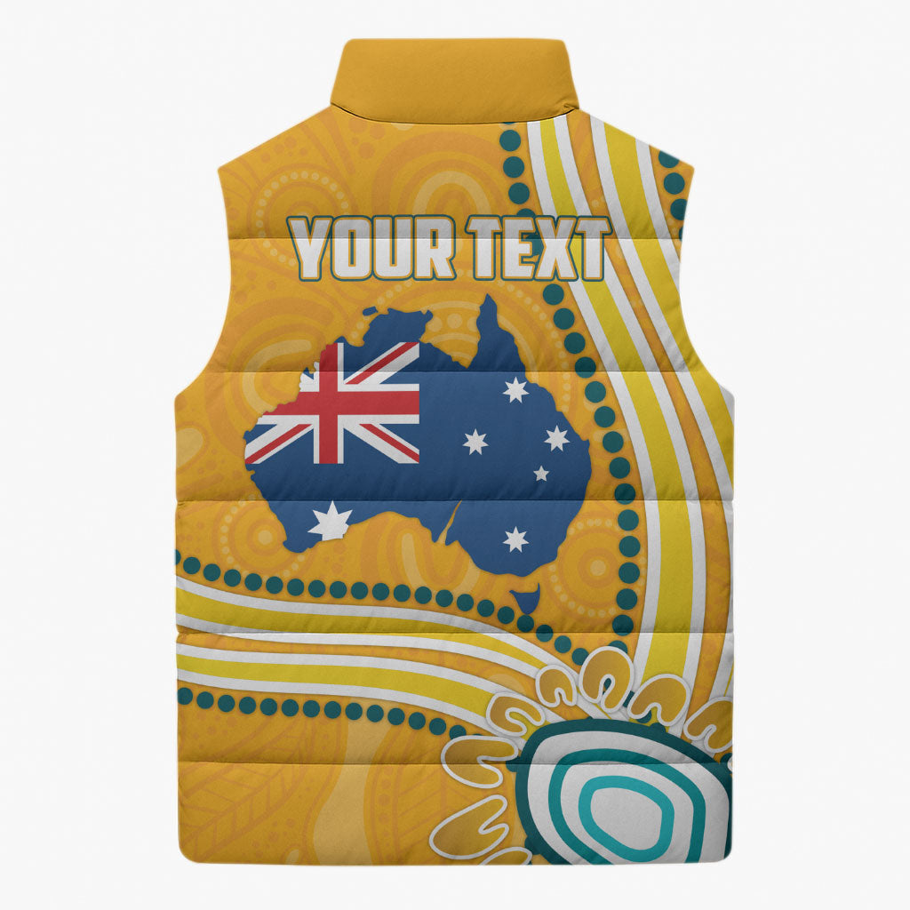 Personalised Australian Rugby Wallabies Sleeveless Puffer Jacket Aboriginal Art Kangaroo Player Design