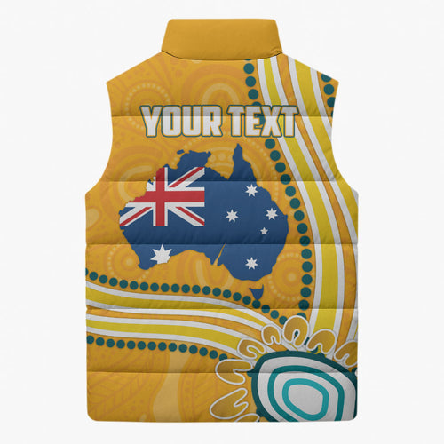 Personalised Australian Rugby Wallabies Sleeveless Puffer Jacket Aboriginal Art Kangaroo Player Design