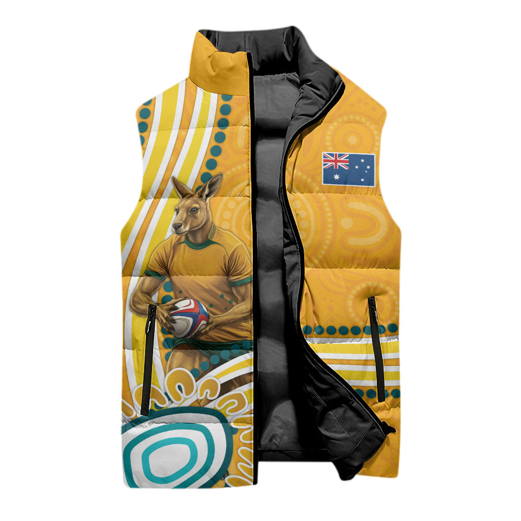 Personalised Australian Rugby Wallabies Sleeveless Puffer Jacket Aboriginal Art Kangaroo Player Design