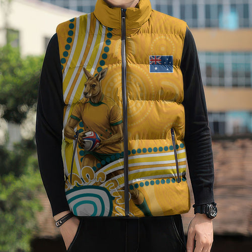 Personalised Australian Rugby Wallabies Sleeveless Puffer Jacket Aboriginal Art Kangaroo Player Design
