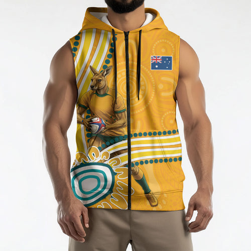Personalised Australian Rugby Wallabies Sleeveless Zip Hoodie Aboriginal Art Kangaroo Player Design