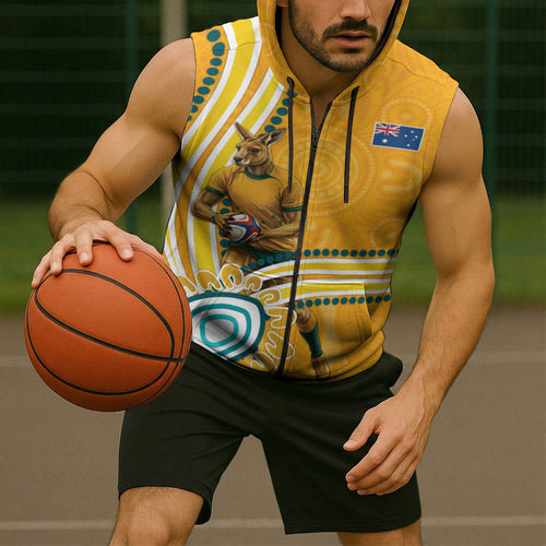 Personalised Australian Rugby Wallabies Sleeveless Zip Hoodie Aboriginal Art Kangaroo Player Design