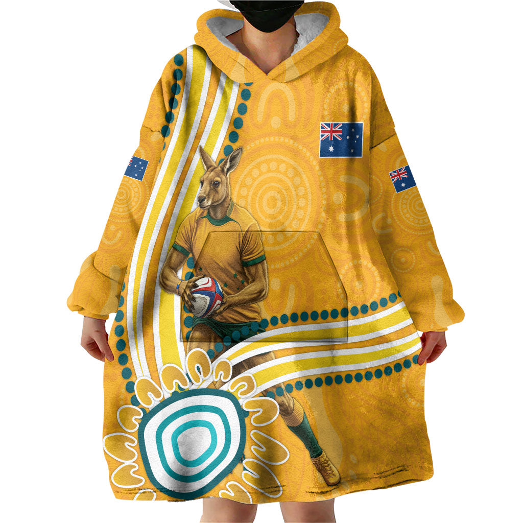 Personalised Australian Rugby Wallabies Wearable Blanket Hoodie Aboriginal Art Kangaroo Player Design