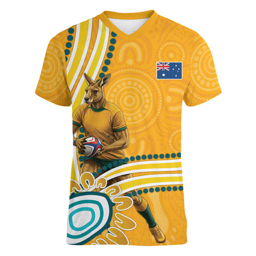 Personalised Australian Rugby Wallabies Women V-Neck T-Shirt Aboriginal Art Kangaroo Player Design