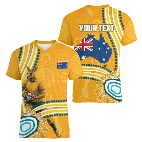 Personalised Australian Rugby Wallabies Women V-Neck T-Shirt Aboriginal Art Kangaroo Player Design