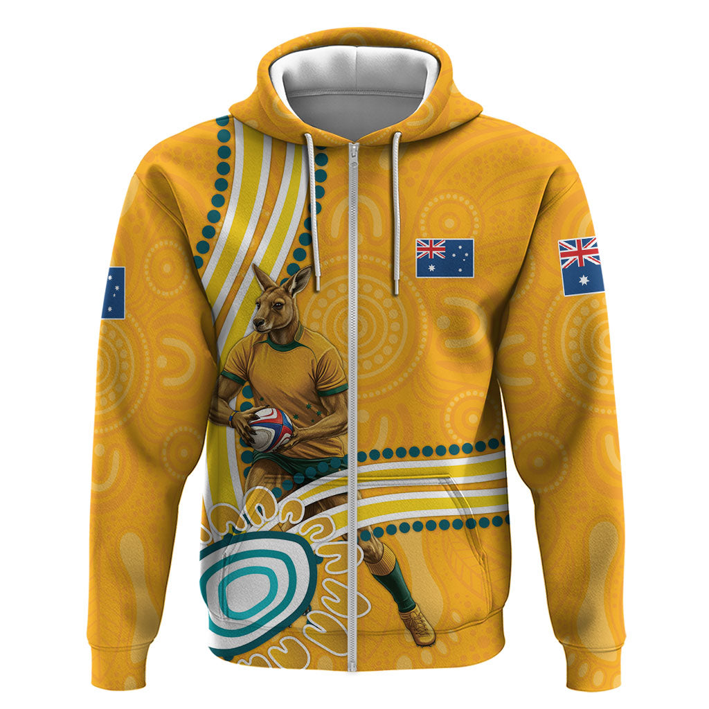 Personalised Australian Rugby Wallabies Zip Hoodie Aboriginal Art Kangaroo Player Design
