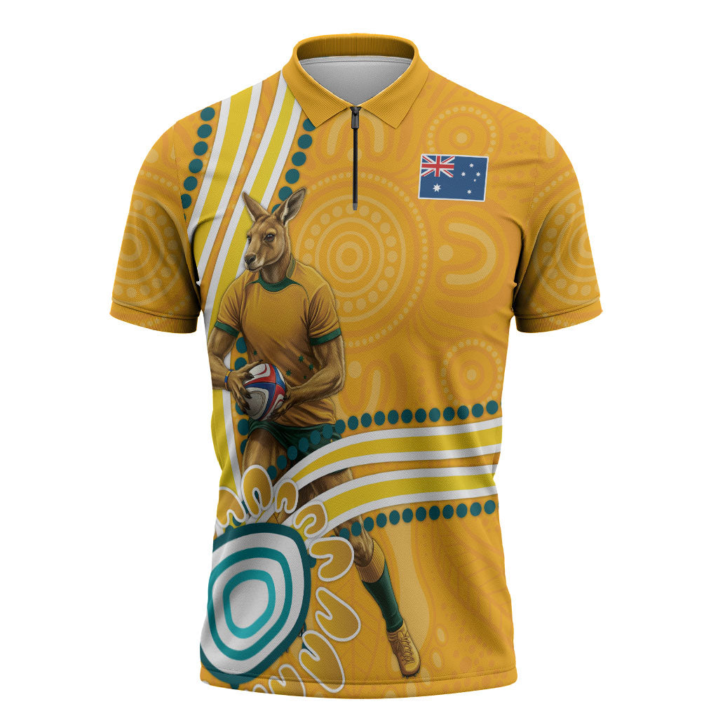 Personalised Australian Rugby Wallabies Zipper Polo Shirt Aboriginal Art Kangaroo Player Design
