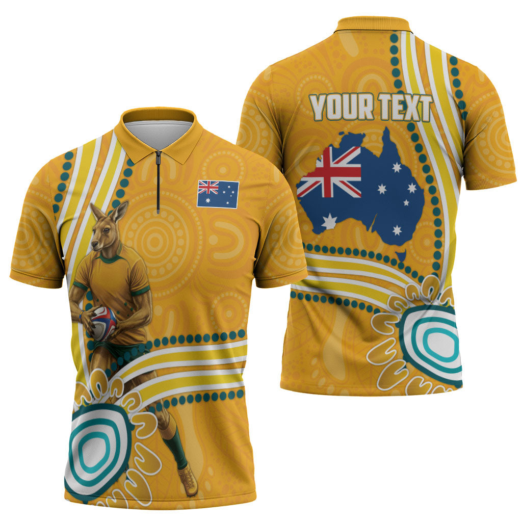 Personalised Australian Rugby Wallabies Zipper Polo Shirt Aboriginal Art Kangaroo Player Design