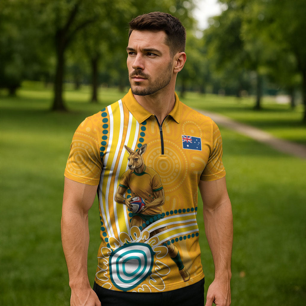 Personalised Australian Rugby Wallabies Zipper Polo Shirt Aboriginal Art Kangaroo Player Design