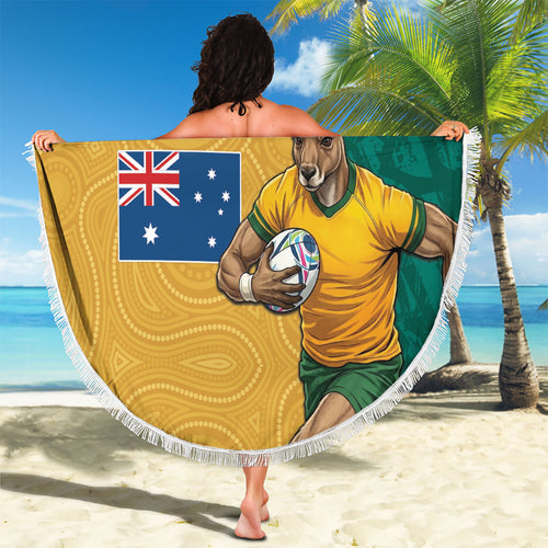 Personalised Australia Rugby Beach Blanket Wallabies Kangaroo Player Aboriginal Pattern