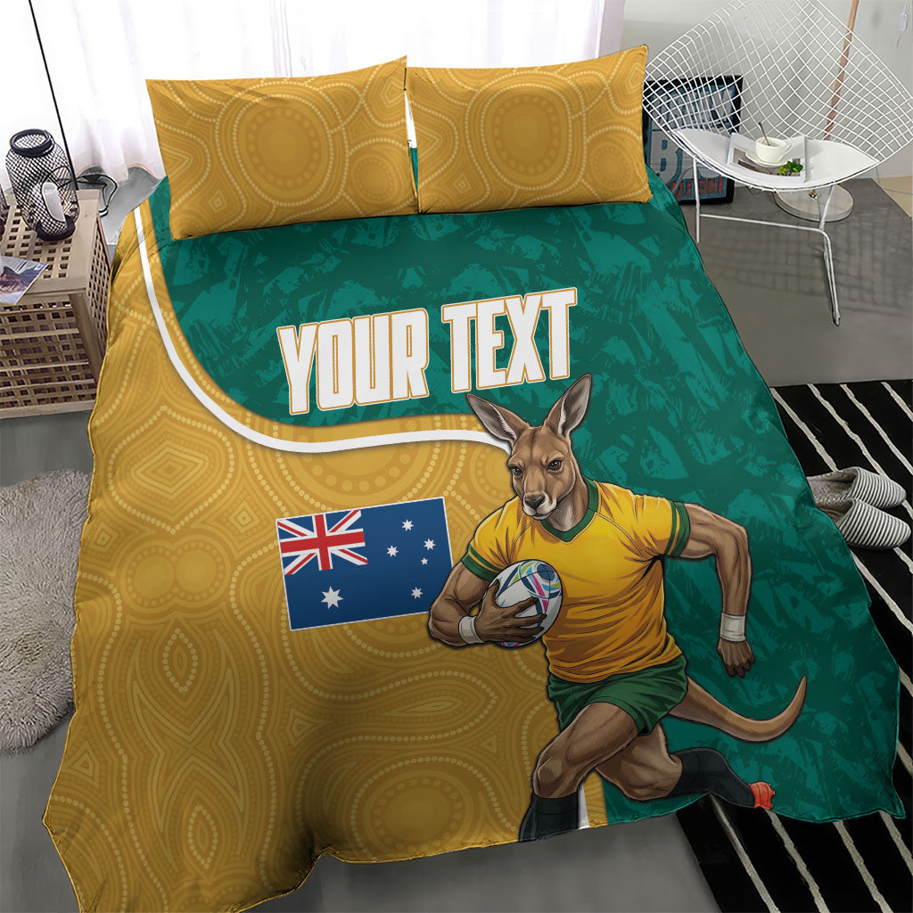 Personalised Australia Rugby Bedding Set Wallabies Kangaroo Player Aboriginal Pattern