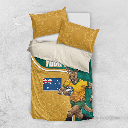 Personalised Australia Rugby Bedding Set Wallabies Kangaroo Player Aboriginal Pattern