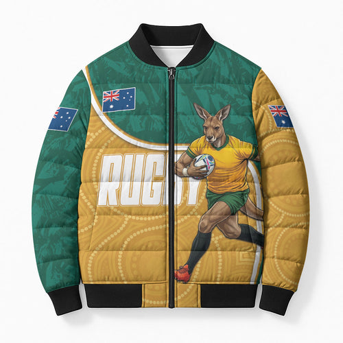 Personalised Australia Rugby Bomber Puffer Jacket Wallabies Kangaroo Player Aboriginal Pattern