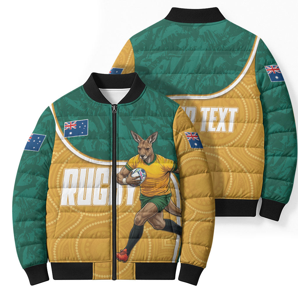 Personalised Australia Rugby Bomber Puffer Jacket Wallabies Kangaroo Player Aboriginal Pattern