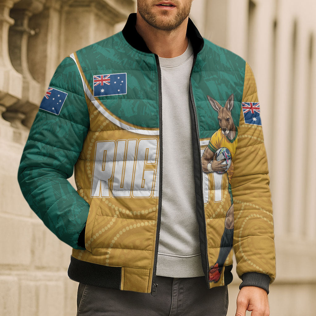 Personalised Australia Rugby Bomber Puffer Jacket Wallabies Kangaroo Player Aboriginal Pattern