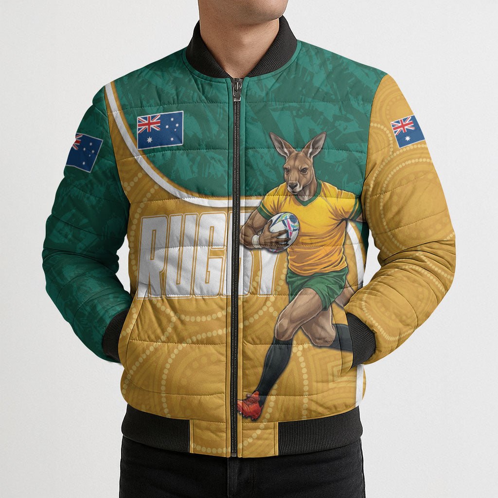 Personalised Australia Rugby Bomber Puffer Jacket Wallabies Kangaroo Player Aboriginal Pattern