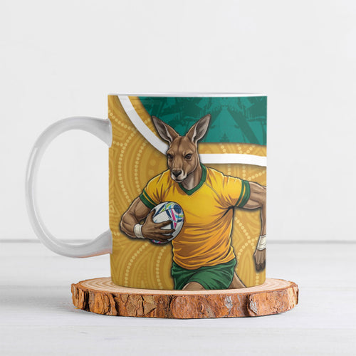 Personalised Australia Rugby Ceramic Mug Wallabies Kangaroo Player Aboriginal Pattern