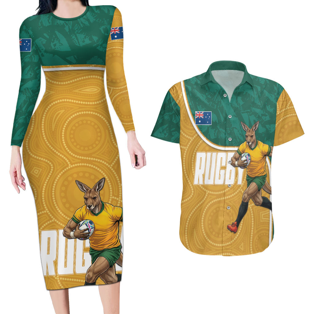 Personalised Australia Rugby Couples Matching Long Sleeve Bodycon Dress and Hawaiian Shirt Wallabies Kangaroo Player Aboriginal Pattern