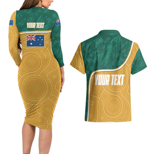 Personalised Australia Rugby Couples Matching Long Sleeve Bodycon Dress and Hawaiian Shirt Wallabies Kangaroo Player Aboriginal Pattern