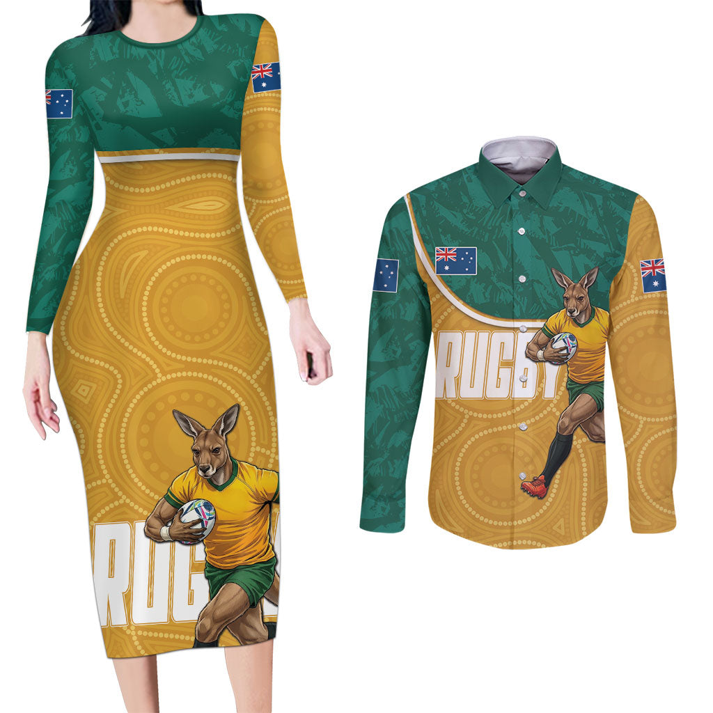 Personalised Australia Rugby Couples Matching Long Sleeve Bodycon Dress and Long Sleeve Button Shirt Wallabies Kangaroo Player Aboriginal Pattern